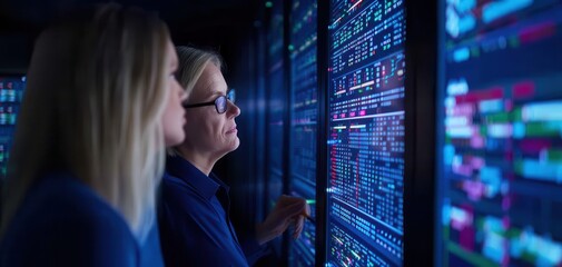 Two women analyzing data on digital screens in a modern workspace.