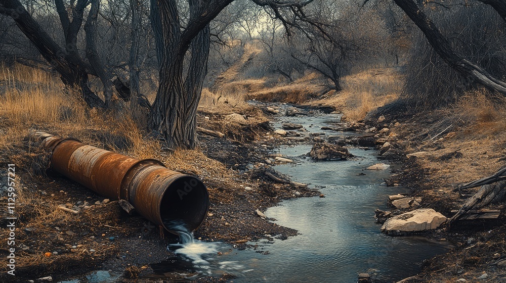 Poster a rusty pipe leaking water into a stream, surrounded by debris and barren trees, symbolizing environ
