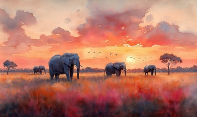 illustration of an African savannah on a sunny day.