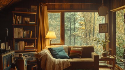 Fototapeta premium Embrace autumn serenity cozy cabin retreat in the woods vintage aesthetic warm tones soft lighting evoking comfort