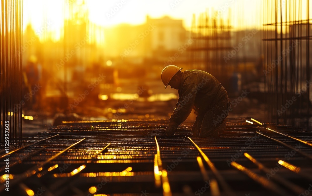 Poster construction worker at sunset, installing rebar on a building site.