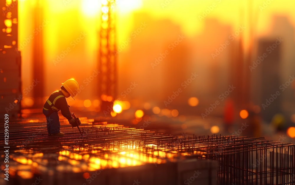 Poster miniature worker using jackhammer on rebar at sunset construction site.