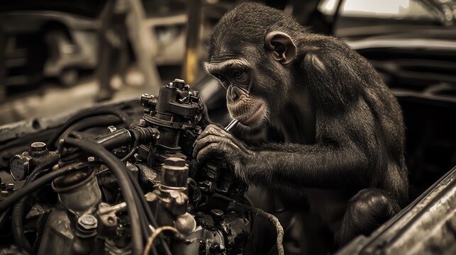 A curious monkey examines the intricate components of a car engine, showcasing intelligence and exploration.