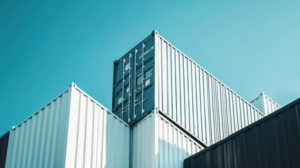 Stack of Shipping Containers Against a Bright Blue Sky