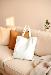 Blank Tote Bag on Beige Sofa