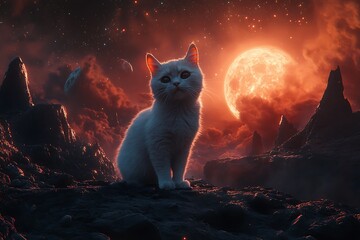 A surreal scene featuring a cat on a rocky landscape under a glowing moon and stars.