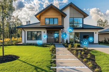 A modern smart home with security cameras, doorbell systems, and other IoT devices all protected by encryption and secure network protocols.