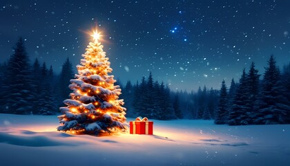 Naklejka premium Festive christmas tree with presents in a snowy forest setting at night magical holiday atmosphere enchanting winter wonderland view