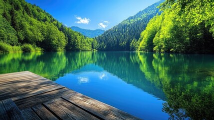 A serene lake with a wooden dock, reflecting the clear blue sky and lush greenery, creating a peaceful and relaxing scene.