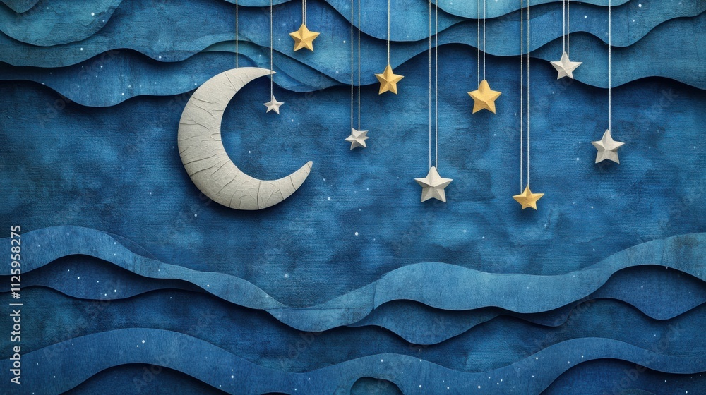 Poster Beautifully crafted moon and stars dangle from strings over deep blue paper textures, creating a tranquil holiday night vibe ideal for text. Generative AI