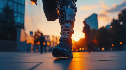 Obraz premium Close-up of a futuristic prosthetic leg. Shows technological advancement in mobility.