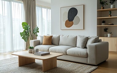 Obraz premium Minimalist living room with beige sofa, wooden coffee table, abstract art, and plants.