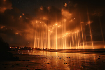 Mesmerizing light beams descend over tranquil beach at dusk captivating seascape photography