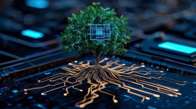 A digital tree grows from a circuit board, symbolizing the intersection of nature and technology, showcasing innovation and sustainability.