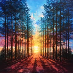 Obraz premium Captivating sunset over pine trees forest landscape nature photography vibrant colors framing view natural beauty