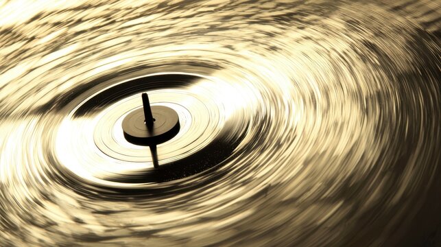 A close-up of a spinning vinyl record creating ripples in a golden-toned surface, emphasizing movement and musical nostalgia.