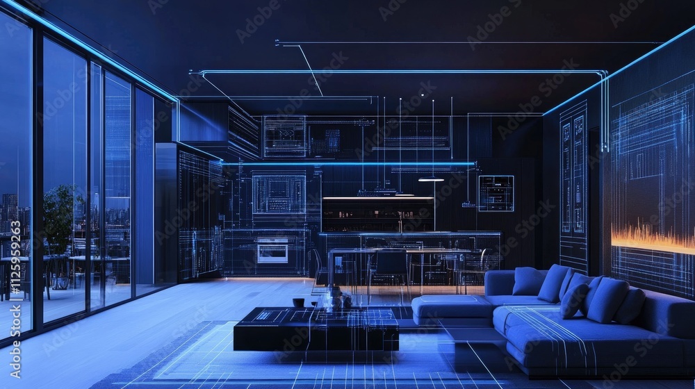Poster a smart home with digital hologram lines, highlighting the blend of modern interior design and advan
