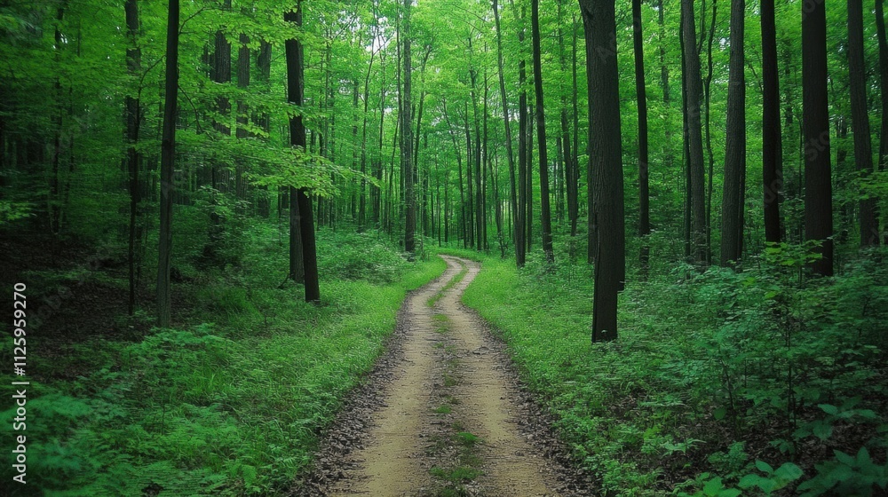 Poster a winding pathway invites exploration through dense woods, surrounded by lush greenery and towering 