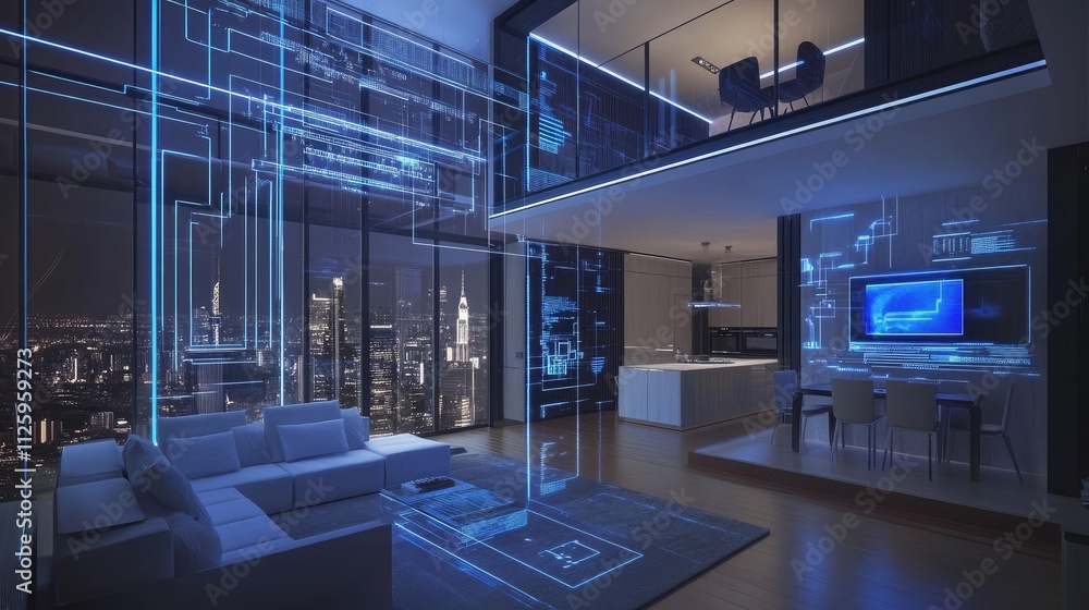 Aufkleber a smart home with digital hologram lines, highlighting the blend of modern interior design and advan