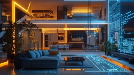 Fototapeta premium A smart home with digital hologram lines, highlighting the blend of modern interior design and advanced digital circuits.