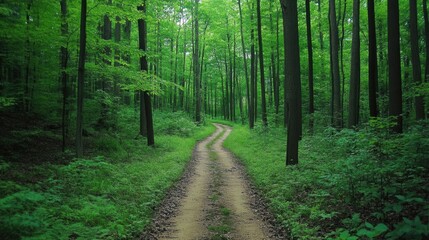 Obraz premium A winding pathway invites exploration through dense woods, surrounded by lush greenery and towering trees under soft sunlight. Generative AI
