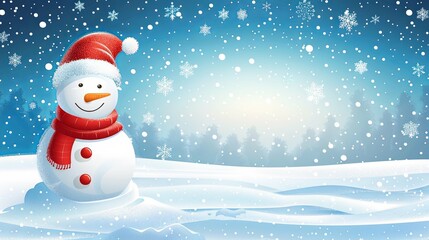 Fototapeta premium Festive Snowman in Santa Hat and Red Scarf Amidst Falling Snow