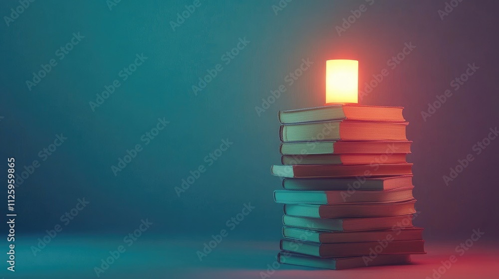 Poster a stack of books with a glowing light, illustrating the importance of education and lifelong learnin