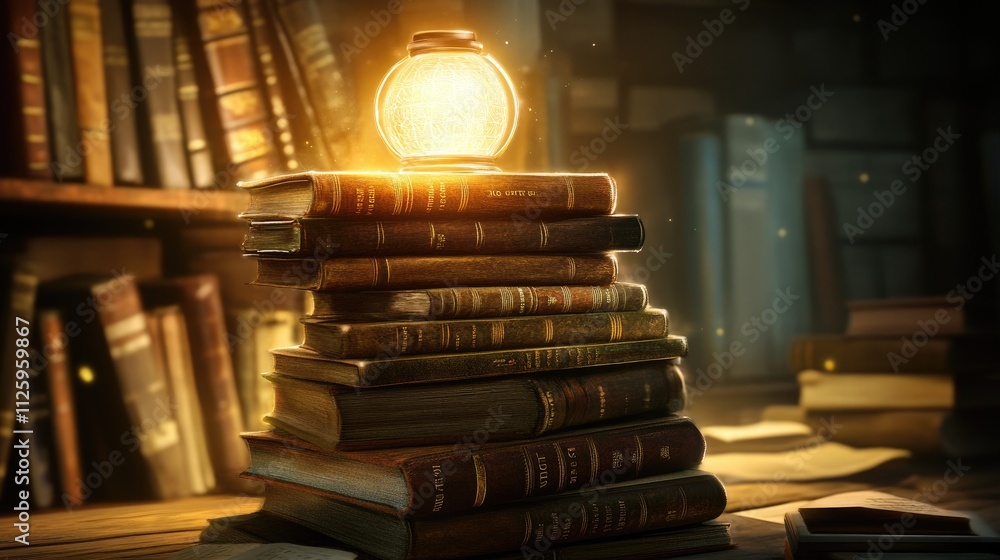 Poster a stack of books with a glowing light, illustrating the importance of education and lifelong learnin