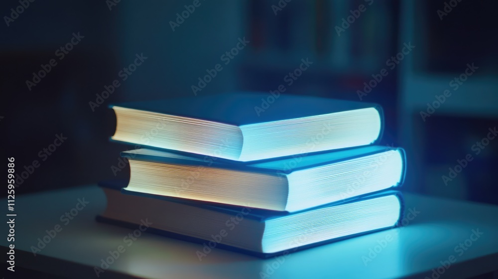 Poster a stack of books with a glowing light, illustrating the importance of education and lifelong learnin