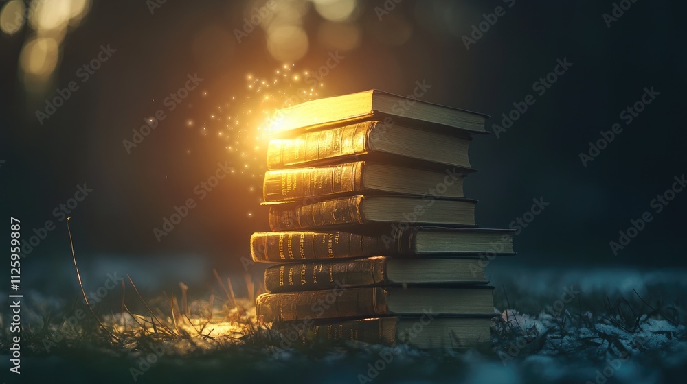 Poster a stack of books with a glowing light, illustrating the importance of education and lifelong learnin