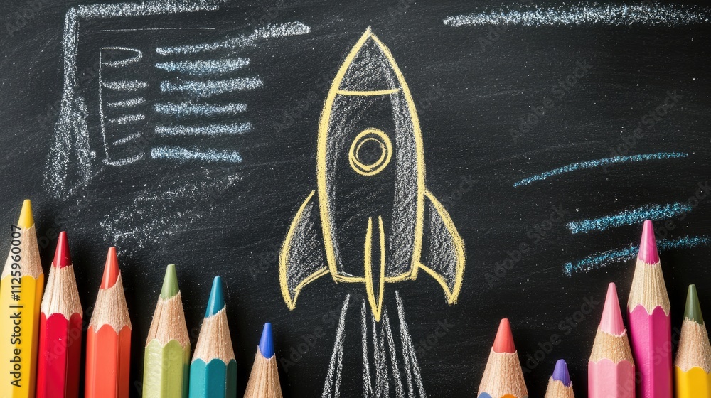 Poster a startup concept featuring a rocket sketch on a blackboard, surrounded by colorful pencils, symboli