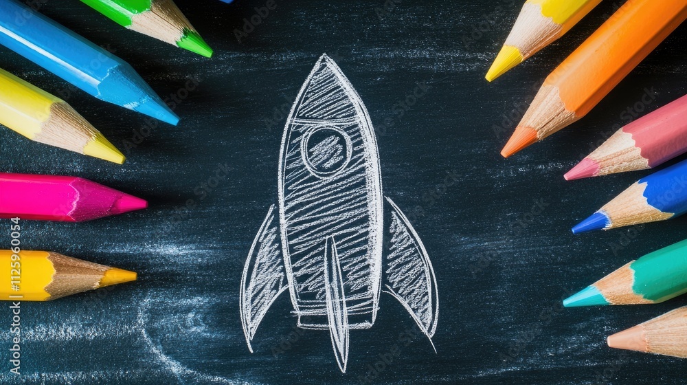 Aufkleber a startup concept featuring a rocket sketch on a blackboard, surrounded by colorful pencils, symboli