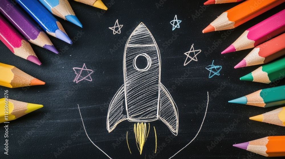 Poster a startup concept featuring a rocket sketch on a blackboard, surrounded by colorful pencils, symboli
