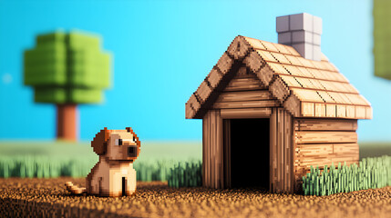 A retro pixel dog house with a wooden texture, sitting on a dirt patch with a pixel tree in the background.