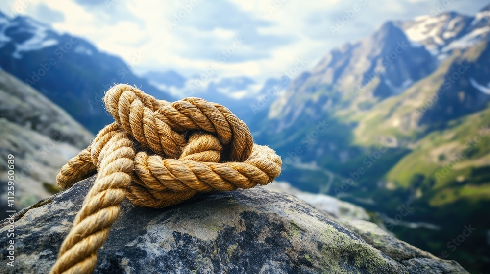 Aufkleber a tightly tied rope knot anchored to a large rock with a dramatic mountain landscape in the backgrou