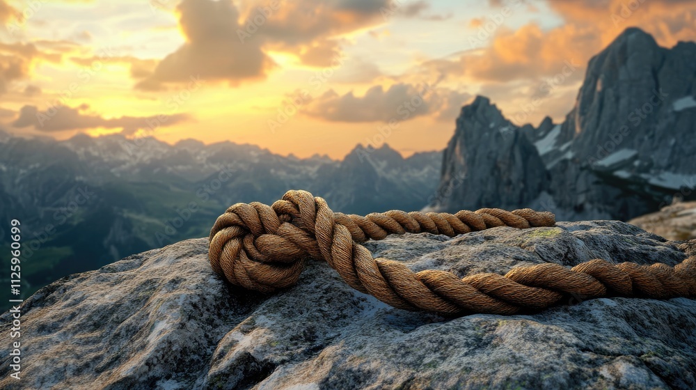 Poster a tightly tied rope knot anchored to a large rock with a dramatic mountain landscape in the backgrou