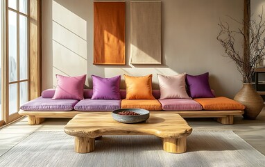 Modern living room interior with colorful pillows and wooden furniture.