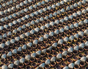 Many jars in the soy sauce workshop. Top down view.