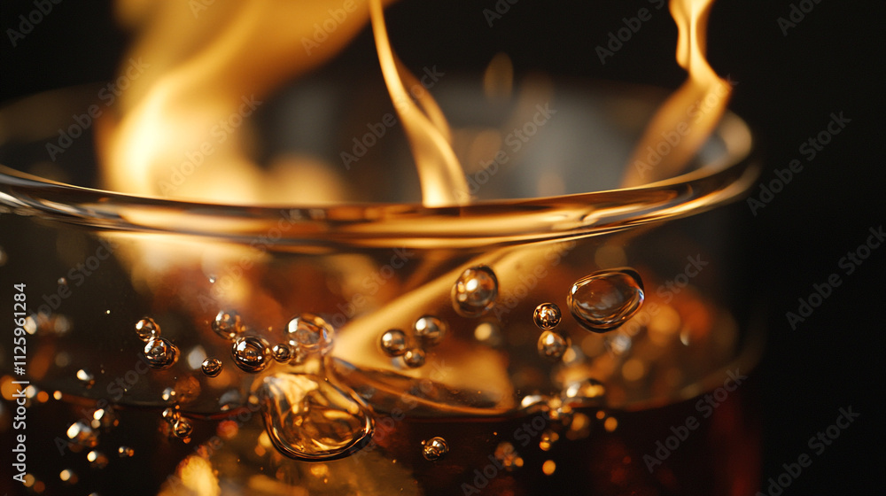Poster whiskey with flames and bubbles creating a dynamic visual effect in glass