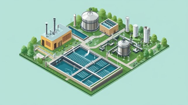 Isometric illustration of a modern water treatment plant. Shows tanks, buildings, and landscaping, ideal for environmental reports.