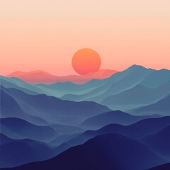 Fototapeta premium Serene sunset over layered mountains, soft pastel colors.