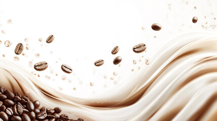 Coffee beans in motion with creamy waves and splashes against a light background