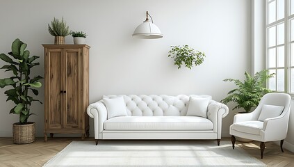 White sofa, armchair, wooden cabinet, plants, and window in a bright living room.