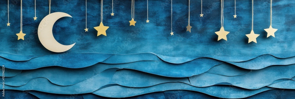 Poster crafted moon and stars hang lightly from strings, creating a magical holiday atmosphere against rich