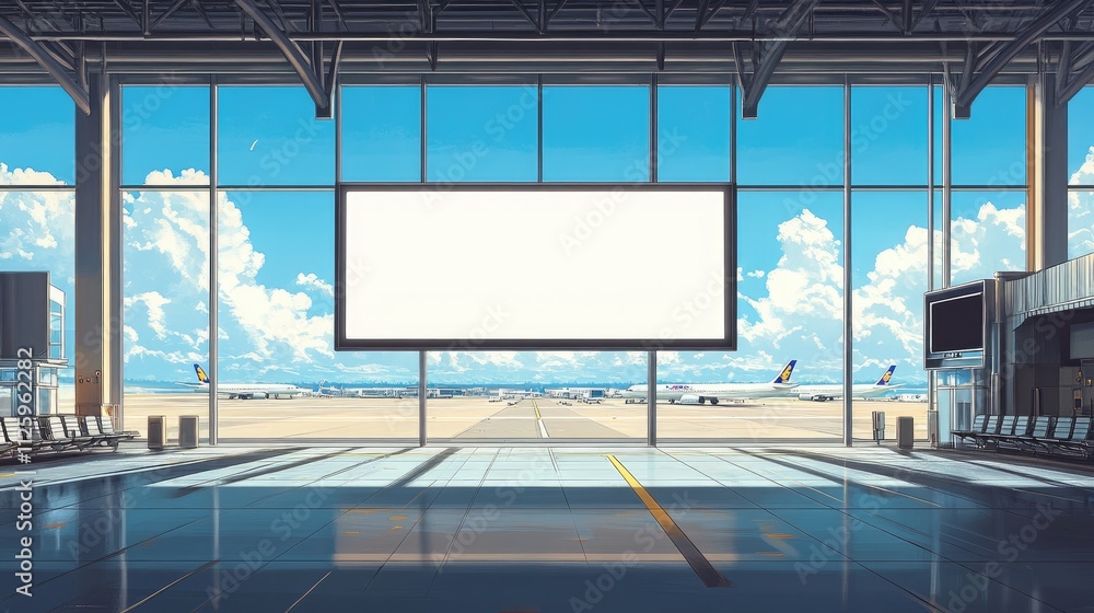 Poster A wide airport terminal with a blank screen and large windows, displaying planes on the runway against a backdrop of clear blue skies.