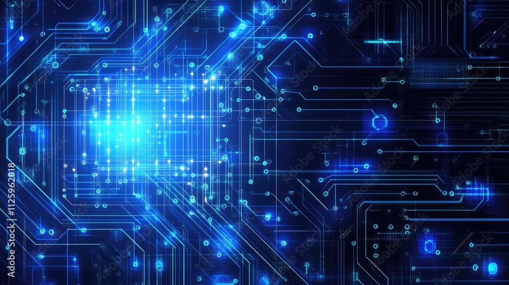 Poster Abstract tech background filled with interconnected lines, nodes, and digital patterns, highlighting technological progress and innovation.