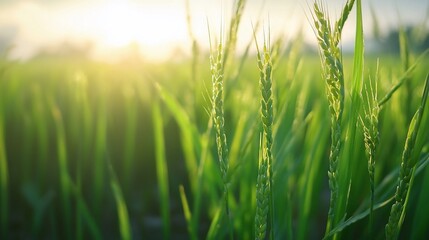 Obraz premium Lush green rice paddy field at sunset.