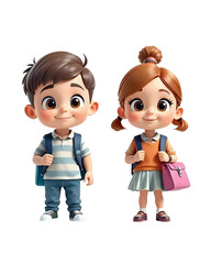 Adorable Cartoon School Kids: 3D Render with Transparent Background. Ai Generated