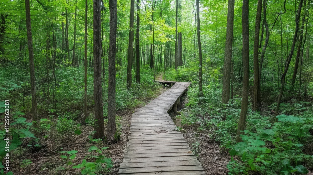 Poster pathway invites visitors to explore the dense woods, surrounded by vibrant greenery and tall trees o