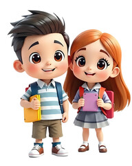 Adorable Cartoon School Kids: 3D Render with Transparent Background. Ai Generated